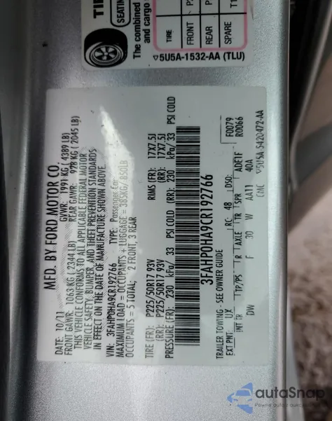 2012 Ford Fusion z USA, uszkodzony, nr VIN 3FAHP0HA9CR192766